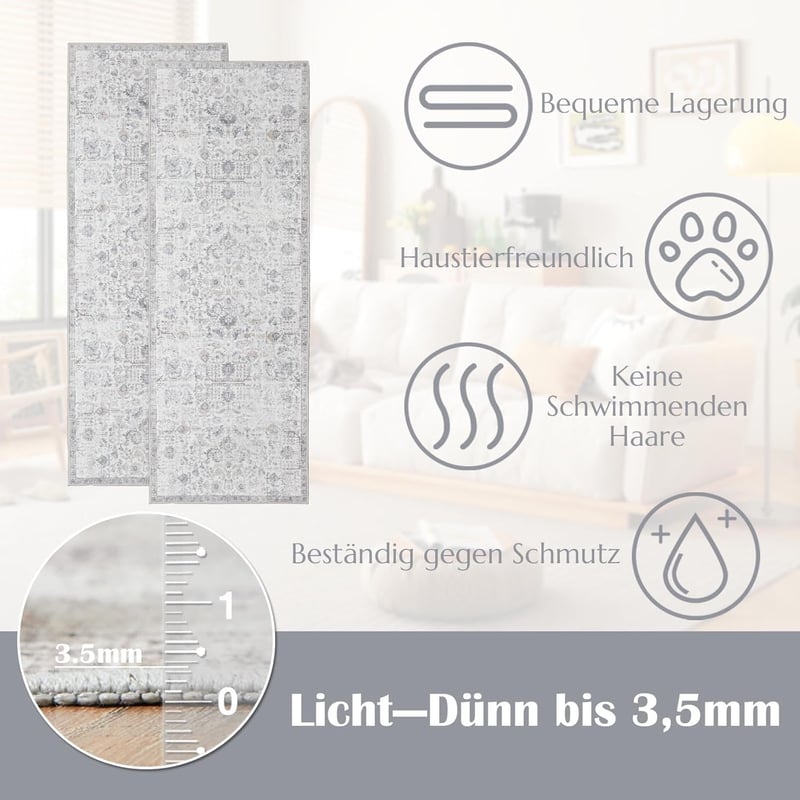 TOPICK Vintage Szürke Mosható Futószőnyeg 60x300cm - Retro Virágmintás Csúszásmentes Szőnyeg