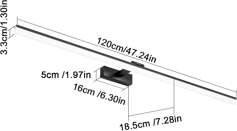 Klighten LED Fürdőszobai Tükörlámpa 32W 1820LM 6000K Hideg Fehér, 180° Forgatható, IP44 Vízálló, 120 cm Fekete Fali Világítás Tükörhöz