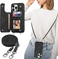 iPhone 14 Pro Max Fekete Bőr Tok Kártyatartóval és Nyakpánttal - ZTOFERA 1