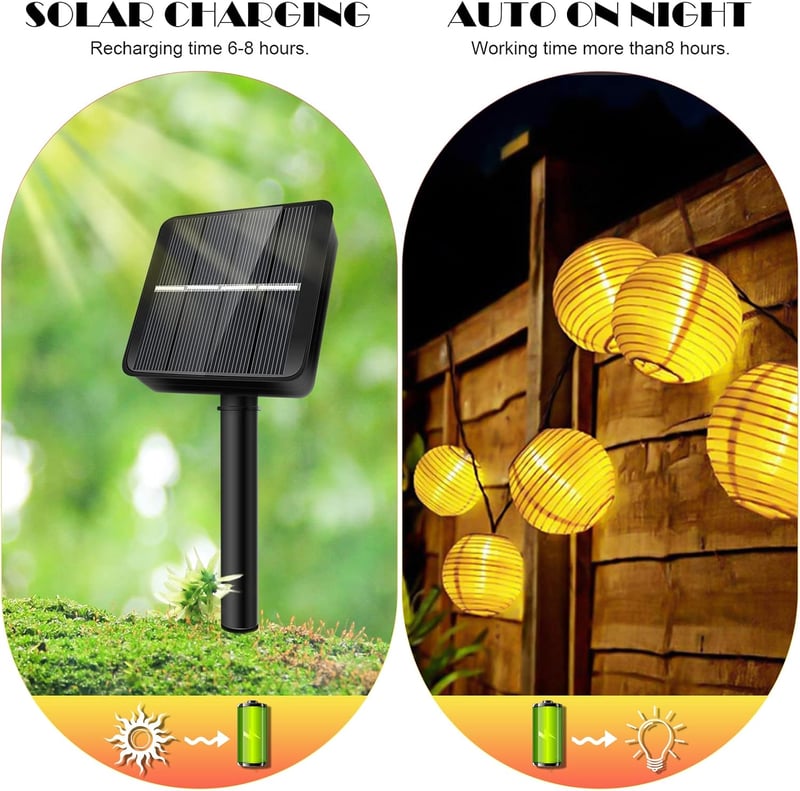 HUIYOU Napelemes Kerti Lámpásfüzér 6m 20 LED Meleg Fehér - IP65 Vízálló Kültéri Fényfüzér 8 Világítási Móddal Kertbe, Erkélyre, Esküvőre