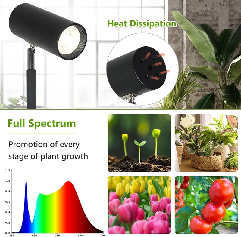 Rayofly 20W Teljes Spektrumú LED Növénylámpa, Állítható Magasságú Beltéri Növényvilágítás 4/8/12 Órás Időzítővel, COB Izzóval, Fekete