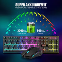 RedThunder K10 Vezeték Nélküli Gamer Billentyűzet és Egér Szett, QWERTZ Német Kiosztás, 3000 mAh Akkumulátor, 3200 DPI, RGB Háttérvilágítás - black 3