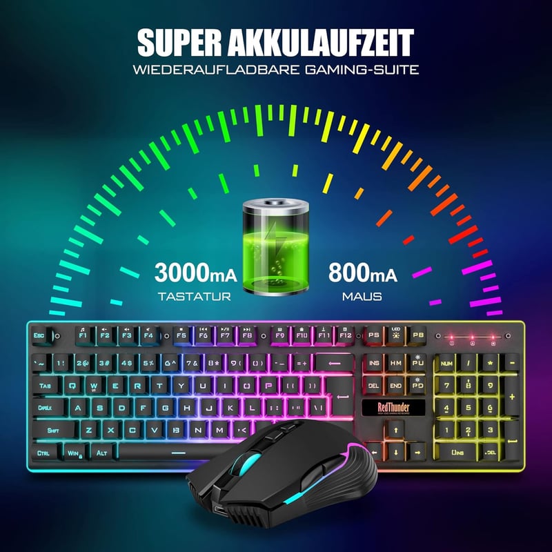 RedThunder K10 Vezeték Nélküli Gamer Billentyűzet és Egér Szett, QWERTZ Német Kiosztás, 3000 mAh Akkumulátor, 3200 DPI, RGB Háttérvilágítás - black
