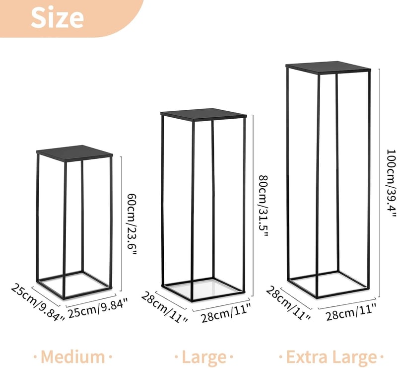 Nuptio Fekete Fém Váza Szett 3 db - Magas Geometrikus Virágtartó Állvány Esküvői Asztaldíszhez, Otthoni Dekorációhoz - 60/80/100 cm