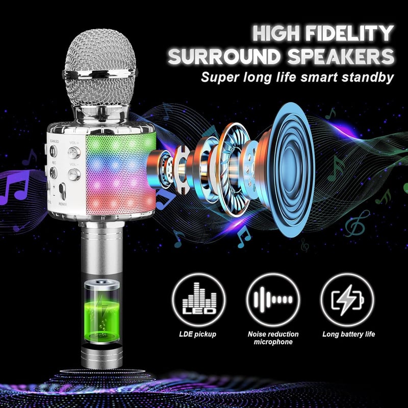ShinePick Vezeték Nélküli Karaoke Mikrofon LED-del, Bluetooth, Android/iOS Kompatibilis - Ezüst