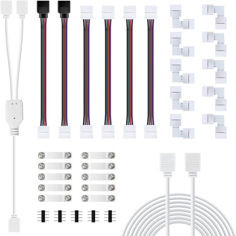 Plozoe LED Szalag Csatlakozó Készlet - 10mm RGB 5050 LED Szalaghoz - Sarokelem, Hosszabbító, Rögzítőklipszek - Beltéri Színváltós Világítás