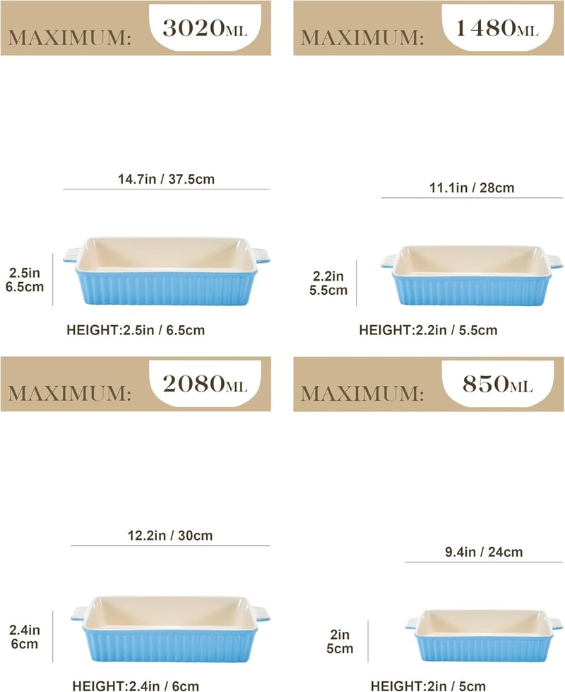 MALACASA 4 részes porcelán sütőtál készlet, kék, 9-13,3" méretben, hőálló edények fülekkel, mosogatógépben és fagyasztóban használható