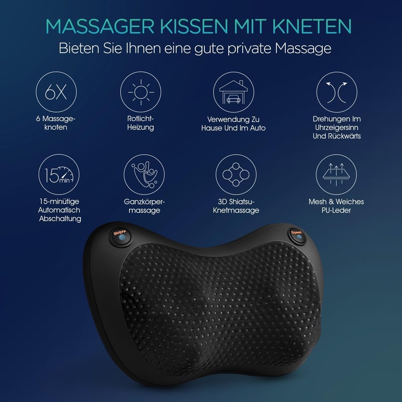 VOYOR-HEALTH Shiatsu Nyakmasszírozó Párna Melegítő Funkcióval, 6 Forgó Masszázsfejjel, Hát, Derék, Láb és Test Fájdalomcsillapításra, Otthon