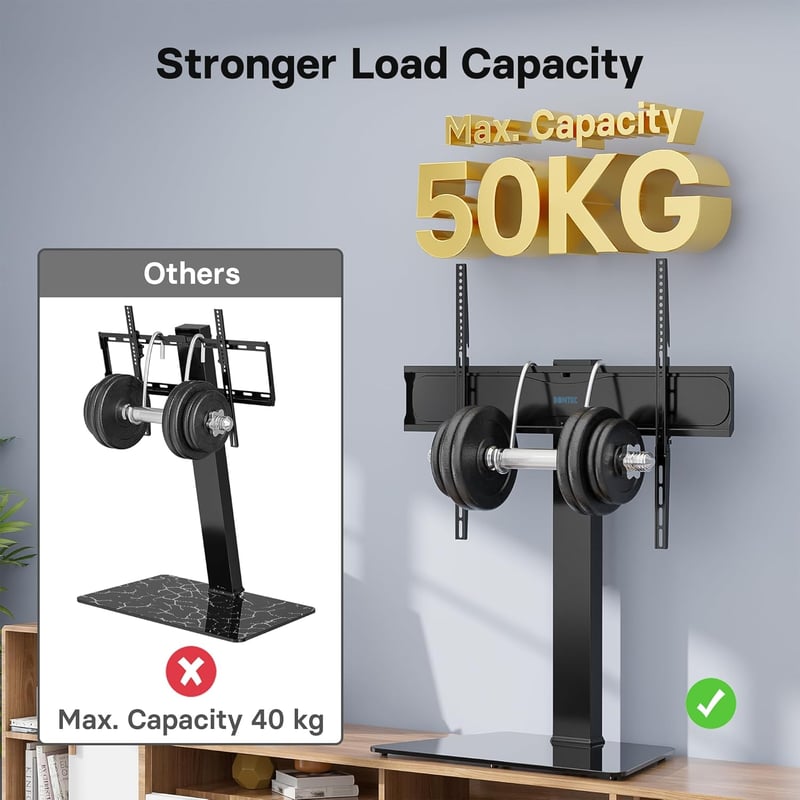 BONTEC Forgatható TV Állvány 42-86 Colos LCD LED OLED Lapos és Ívelt Televíziókhoz - Állítható Magasságú Edzett Üveg Talp, 50 kg Teherbírás,