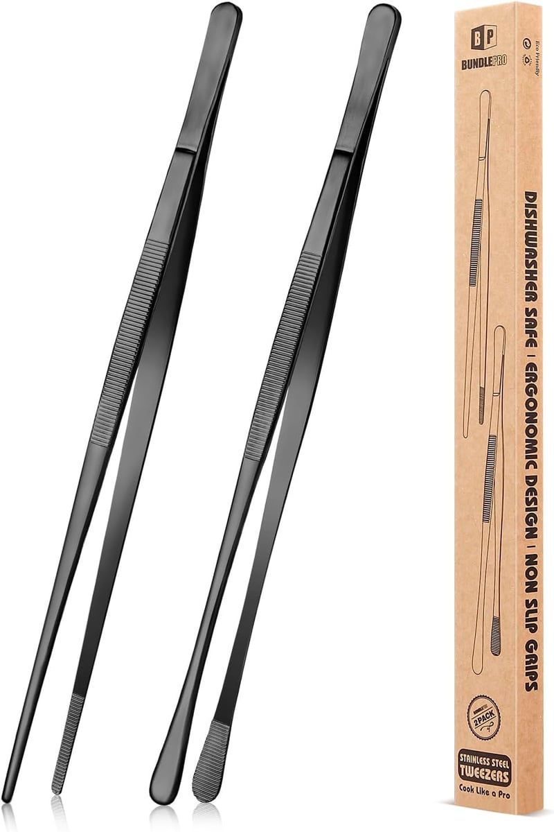 BUNDLEPRO 2 db 30,5 cm-es Konyhai Csipesz - Rozsdamentes Acél Profi Hosszú Fogó BBQ-hoz, Tálaláshoz - Fekete