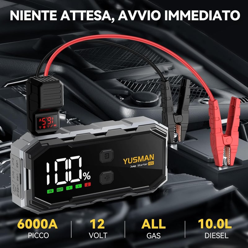YUSMAN 5000A Hordozható Autó és Motor Bikázó - 21800mAh Akkumulátor Indító Minden Benzines és 10.0L Dízel Járműhöz, LED Lámpával, QC3.0 Tölt