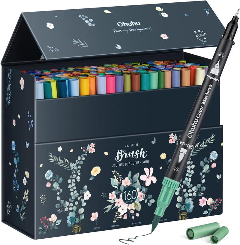 Ohuhu 160 darabos kétoldalú filctoll készlet - Brush pen és vékony hegyű, vízalapú, kalligráfiához, rajzoláshoz