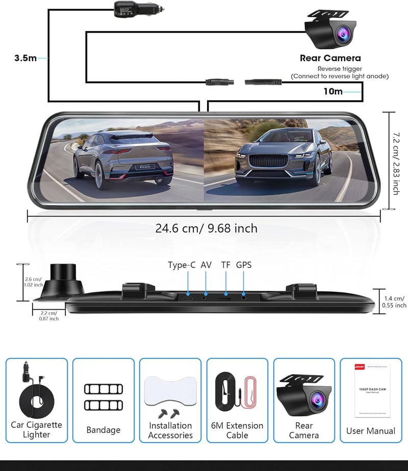 Vtopek T30-EU5 Tükör Menetrögzítő Kamera Szett - Dupla 1080P Felvétel, 10" IPS Érintőkijelző, 170°+140° Látószög, Éjjellátó, Tolatókamera
