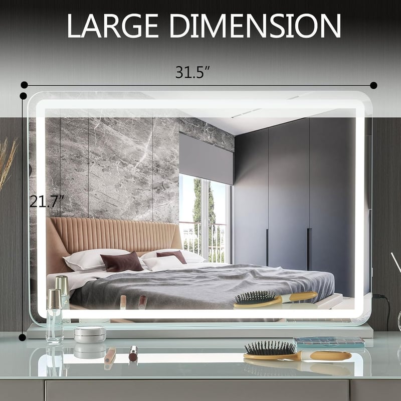Puselo Hollywood Sminkasztal Tükör LED Világítással, 3 Színhőmérséklettel, Érintésvezérléssel, USB Csatlakozóval és 10x Nagyítással, 80x55 cm