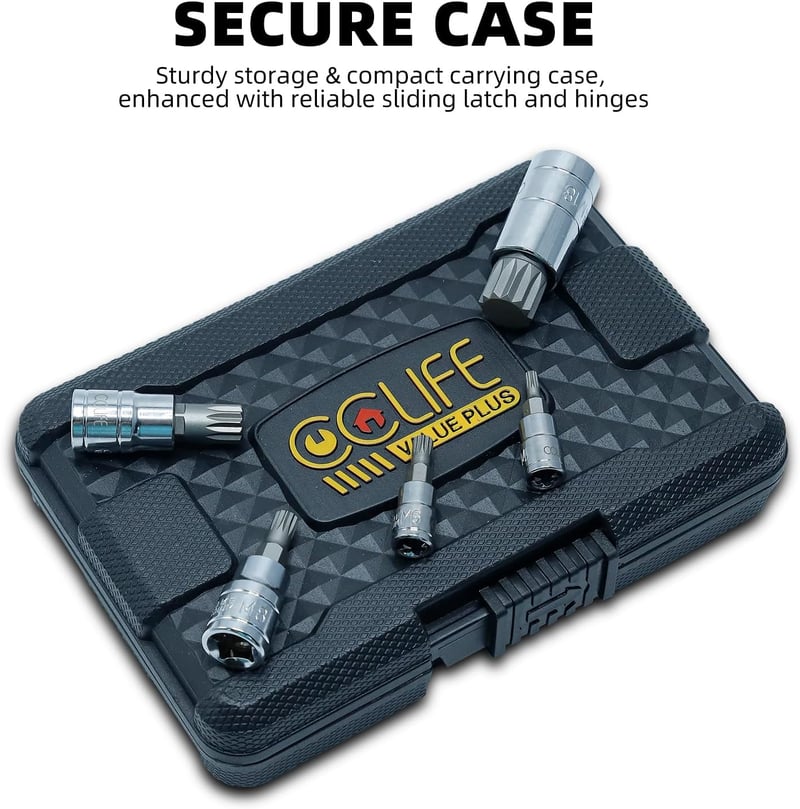 CCLIFE 10 részes Multi-Tooth XZN dugókulcs készlet M4-M18 méretben, S2 acél, króm bevonatú, Torx csavarokhoz, 1/4", 3/8", 1/2" befogással