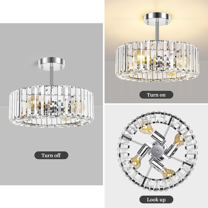 FRIDEKO HOME Modern Kristály Mennyezeti Lámpa - Króm, 4 Izzós, Kerek Csillár, 37 cm Átmérő, E27 Foglalattal Hálószobába, Nappaliba, Konyhába