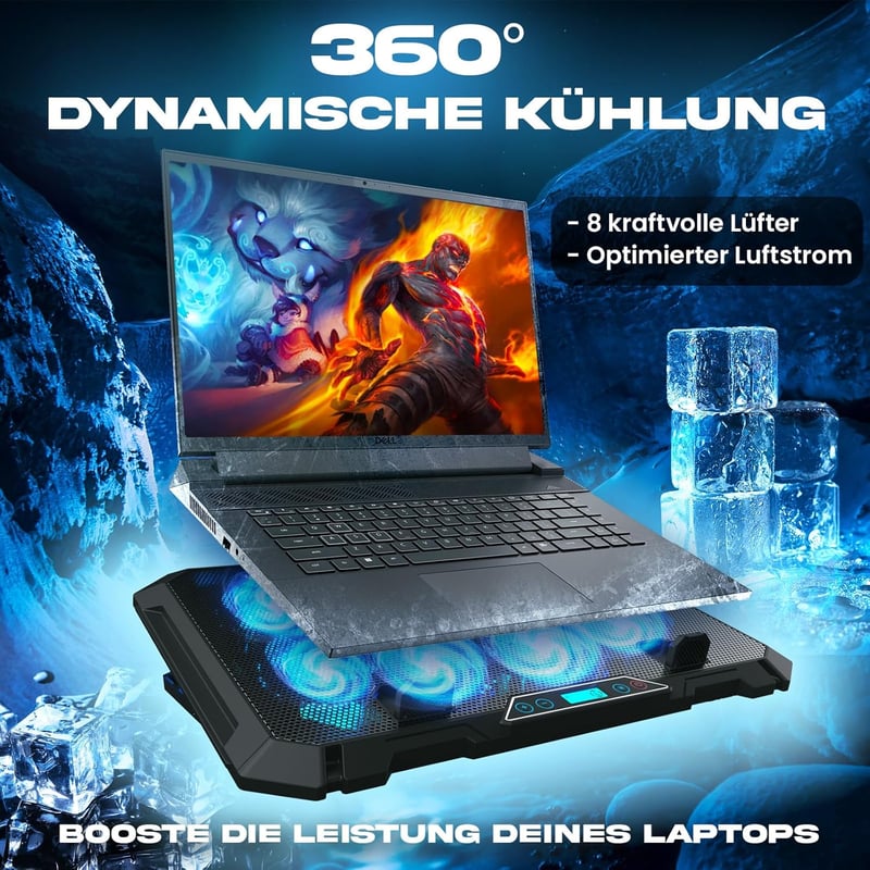 KLIM V8 Gamer Laptop Hűtőpad 8 Ventilátorral - RGB Világítás - 17 Colos Laptopokhoz - 2 USB Port - Telefontartó - Állítható Szög