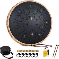 MeloBeat Tongue Drum 12" 15 Hangú D-dúr Acél Handpan Készlet - Professzionális Ütőhangszer Dalkönyvvel, Ütőkkel és Hordtáskával (Fekete) 1