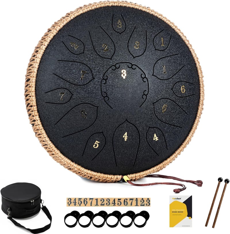 MeloBeat Tongue Drum 12" 15 Hangú D-dúr Acél Handpan Készlet - Professzionális Ütőhangszer Dalkönyvvel, Ütőkkel és Hordtáskával (Fekete)