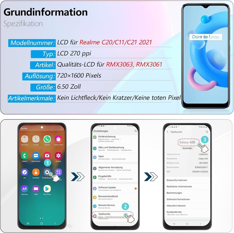 RongZy LCD Kijelző Realme C20/C11/C21 2021 RMX3231 Telefonokhoz - Érintőképernyős Digitalizáló Csereképernyő Kerettel, Szerszámokkal (Fekete