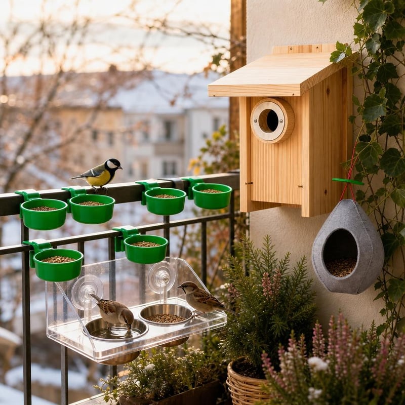 Zimski set za ptice: 6x hranilica + dupla hranilica/poilica + filcana hranilica + kućica od cedrovine