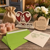 Set za vjenčani dar: drveno srce za novac + čestitka + 25 kuverti + 5 mirisnih svijeća u jutanoj vrećici 1