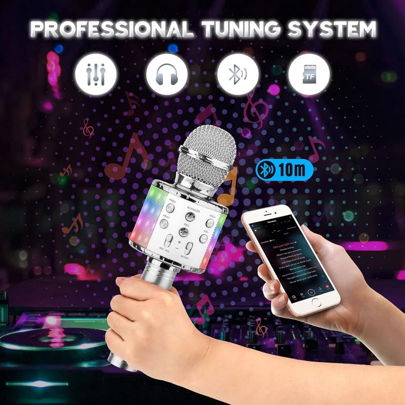 ShinePick Vezeték Nélküli Karaoke Mikrofon LED-del, Bluetooth, Android/iOS Kompatibilis - Ezüst