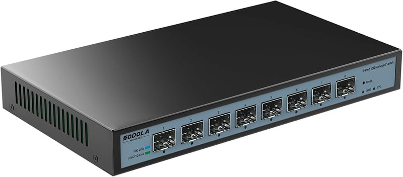 SODOLA 10G Menedzselhető Hálózati Switch 8 SFP+ Porttal - Fali, Ventilátor Nélküli, 160G Sávszélesség, VLAN/QoS/LACP Támogatás, NAS/Szerver 