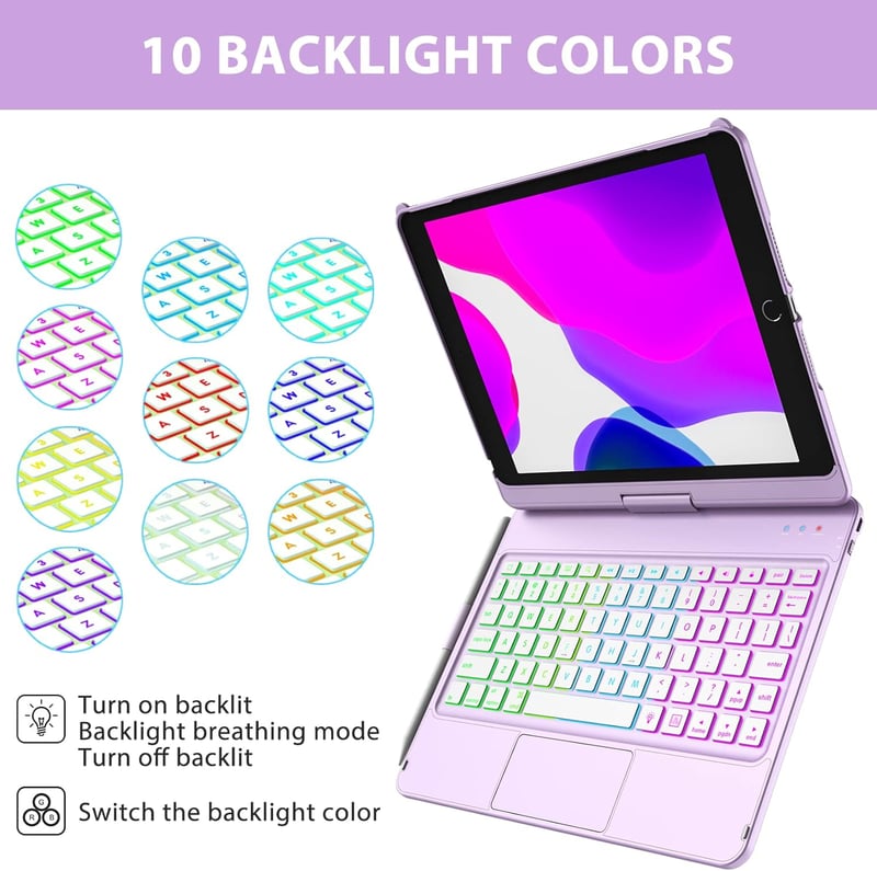 iPad 10.2 360°-os Bluetooth billentyűzetes tok, 7 színű háttérvilágítással - 9./8./7./6. generációs iPadhez (Lila)
