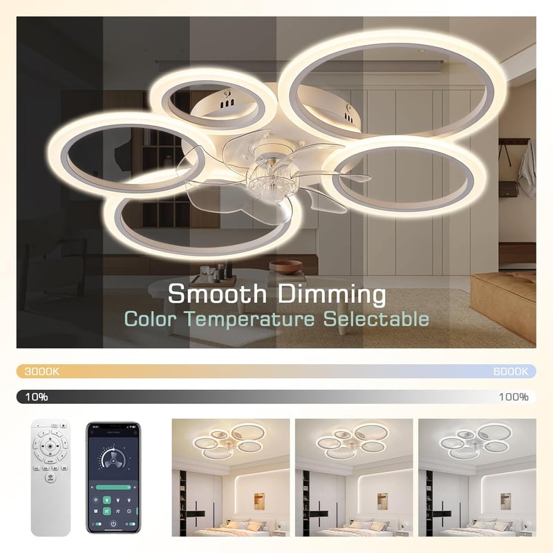 KSIBNW LED Mennyezeti Lámpa Ventilátorral - 70W Dimmelhető Fehér Lámpatest, Távirányítóval és Applikációval, 6 Sebességű Modern Ventilátor N