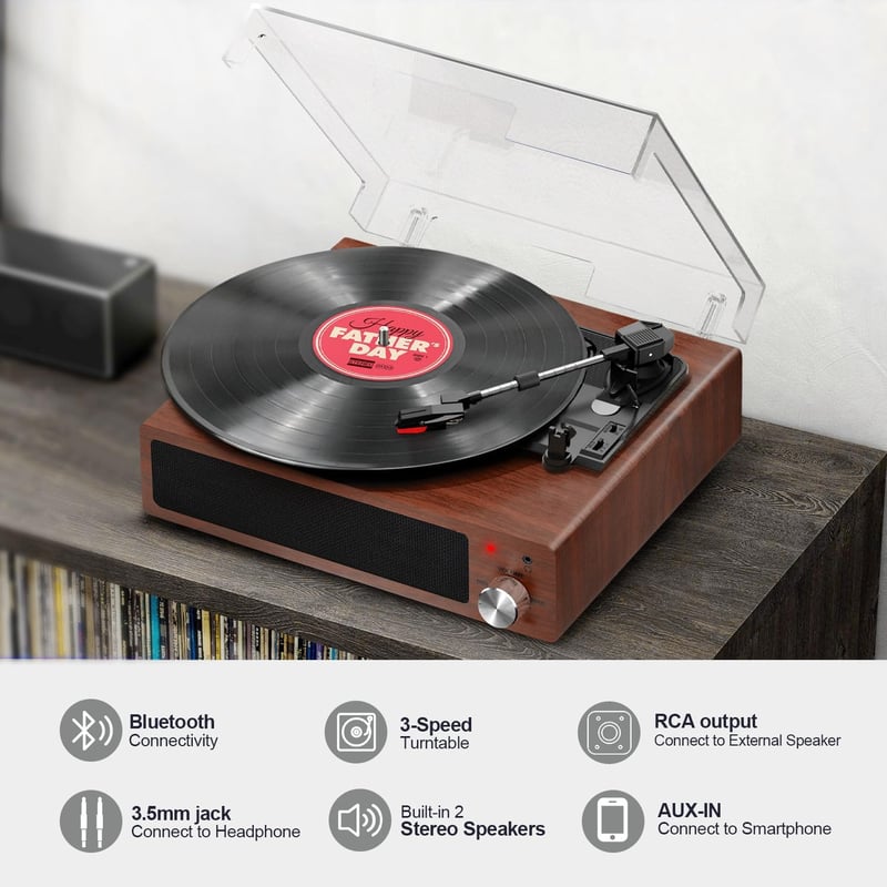 FYDEE Bluetooth Bakelit Lemezjátszó 3 Sebességgel (33/45/78 rpm), Beépített Sztereó Hangszóróval, RCA és AUX Csatlakozással, Dió Színben