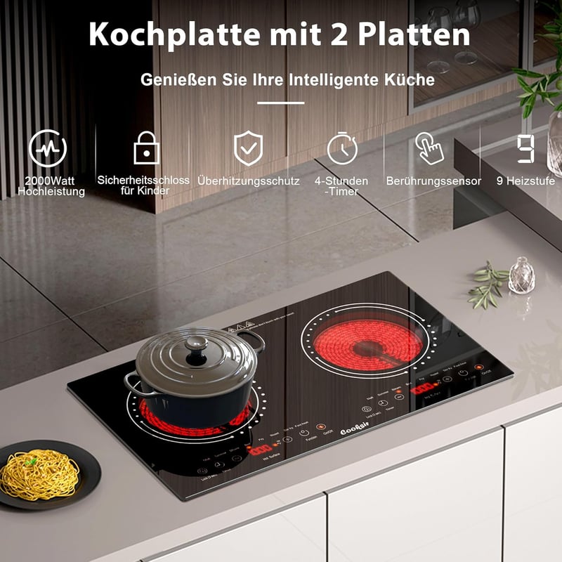 Cooksir 60 cm-es Üvegkerámia Főzőlap 2 Zónával, 3600W, Érintőgombos, Időzítővel, Biztonsági Zárral, Infravörös Fűtéssel, Dugóval, Beépíthető