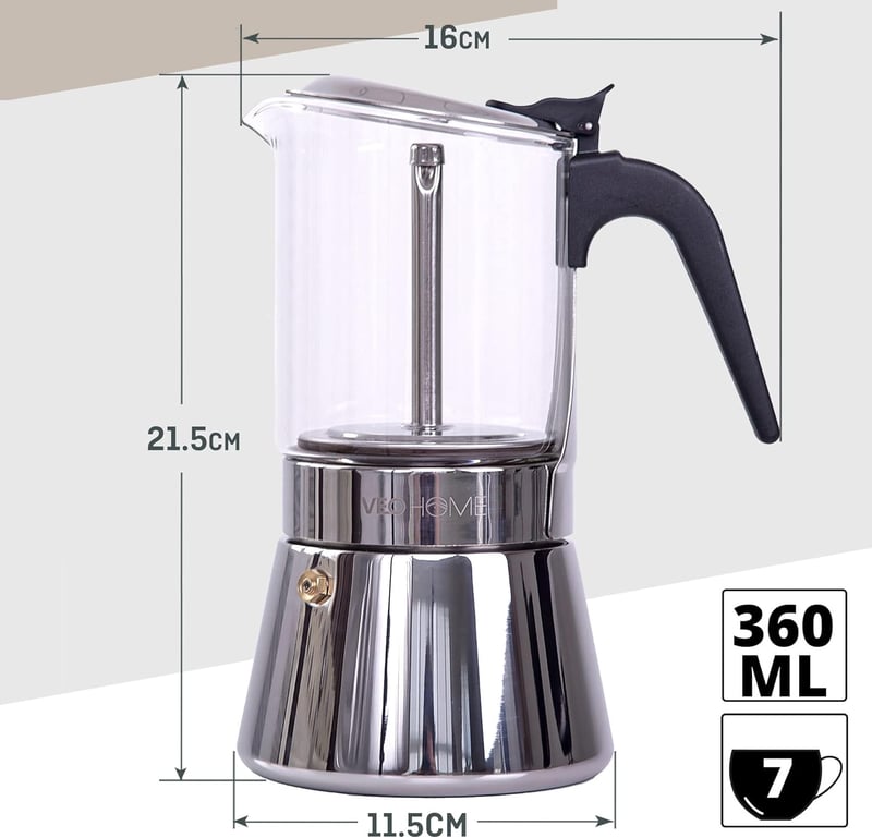 Luxus Olasz Üveg Moka Kávéfőző - 360ml, Rozsdamentes Acél