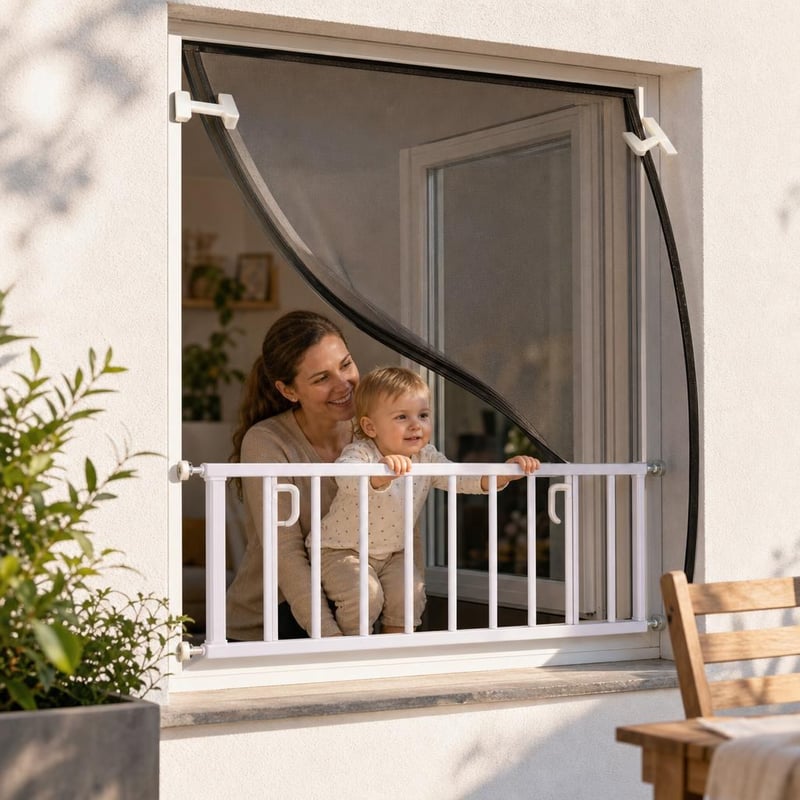 Pachet siguranță ferestre: 4x limitator deschidere + grilaj protecție + plasă insecte magnetică