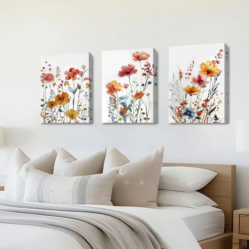 HALFLEMART Vadvirágos Vászonkép 3 Részes - Rusztikus Virágmintás Falikép Kerettel - Nappali Hálószoba Dekoráció - 150 x 70 cm Faldekoráció