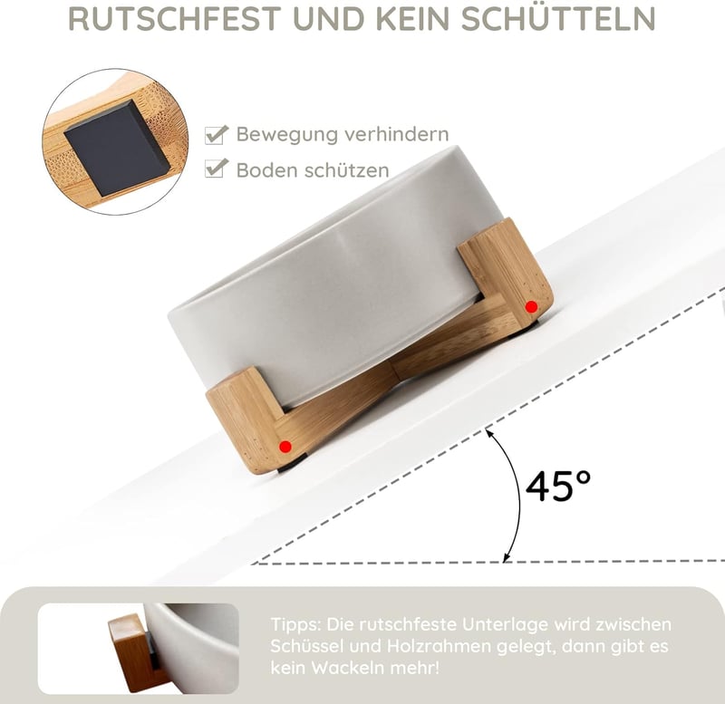 SpunkyJunky Nagy Kerámia Kutyatál Bambusz Állvánnyal - 1,8L, Szürke