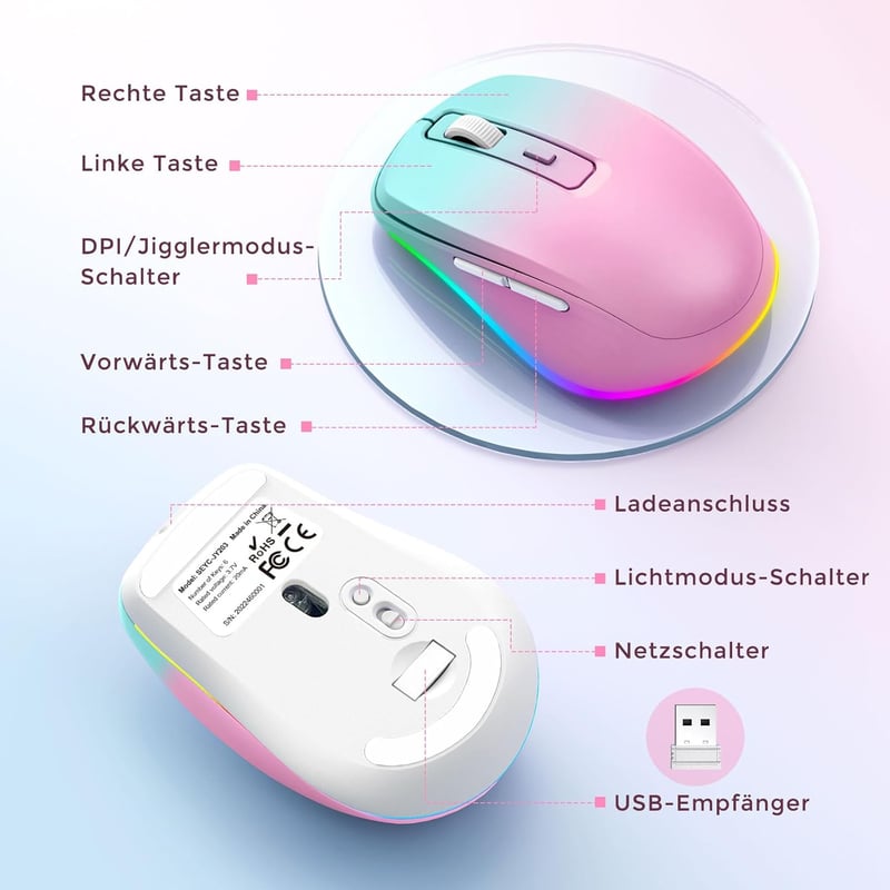 seenda Vezeték Nélküli Egér LED Világítással - Újratölthető, Csendes 2.4G USB Egér Jiggler Funkcióval, 2000 DPI, PC/Laptop Kompatibilis