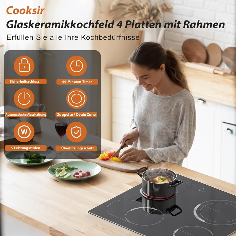 Cooksir Beépíthető Üvegkerámia Főzőlap 59 cm - 4 Zónás, Ovális és Dupla Főzőfelülettel, 6700W, Gyerekzárral, Túlmelegedés Elleni Védelemmel - Set of 4 With Oval Zone