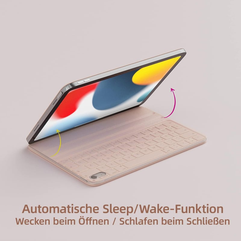 HOU Slim Bluetooth Billentyűzetes Tok iPad 10. és 11. Generációhoz - Műbőr Védőtok QWERTZ Kiosztással, Ergonomikus Állítható Tartóval, Rózsa