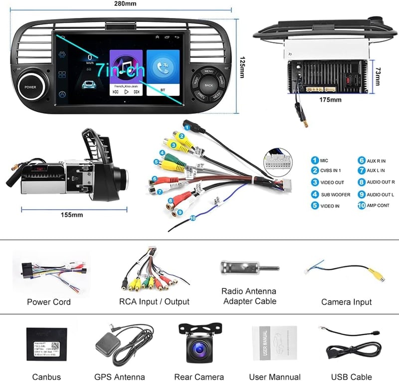 FIAT 500 Android 10.0 Autoradio 7" Érintőképernyővel, Navigációval és Tolatókamerával (2007-2015)