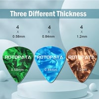 Gitárpengető szett 12db, 3 vastagságban, többszínű, pengetőtartóval 7
