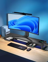 Meatanty 3 az 1-ben Dupla Monitor Állvány 2 Fiókkal, Vezeték Nélküli Töltővel és 4 USB Porttal - Fém Számítógép Tartó Adatátvitelhez 7