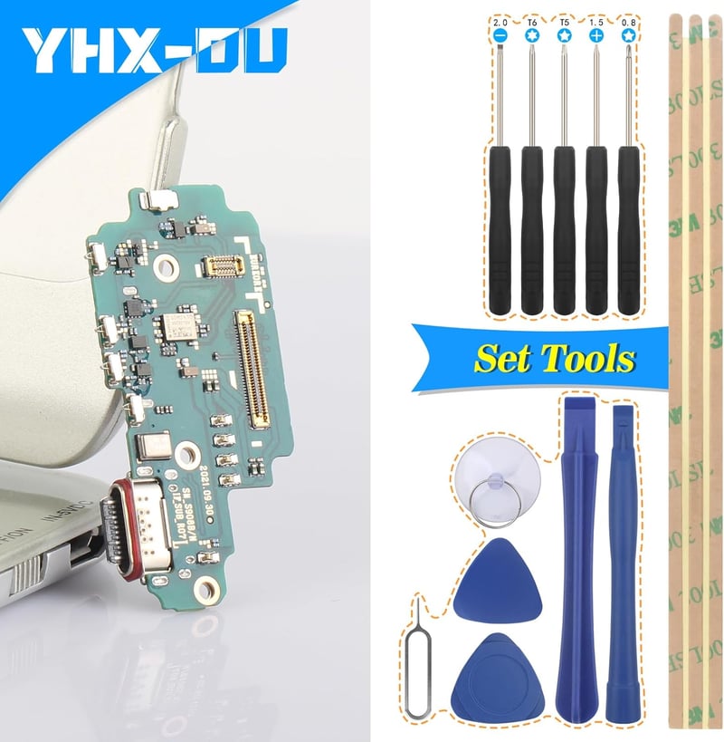 YHX-OU Samsung Galaxy S22 Ultra 5G Töltőcsatlakozó Alkatrész - Mikrofon és Audio Jack Flex Kábel Szerelőkészlettel - SM-S908B Modellekhez