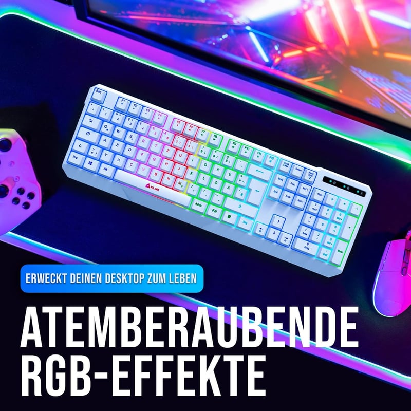 KLIM Chroma Vezeték Nélküli Gamer Billentyűzet - Tartós, Vízálló, RGB Háttérvilágítás, PC PS4 PS5 Mac Kompatibilis, Fehér