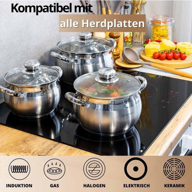 Daniks Classic rozsdamentes acél főzőedény üvegfedővel, 9 literes, ezüst, mosogatógépben mosható, kerámiabevonatú konyhai fazék