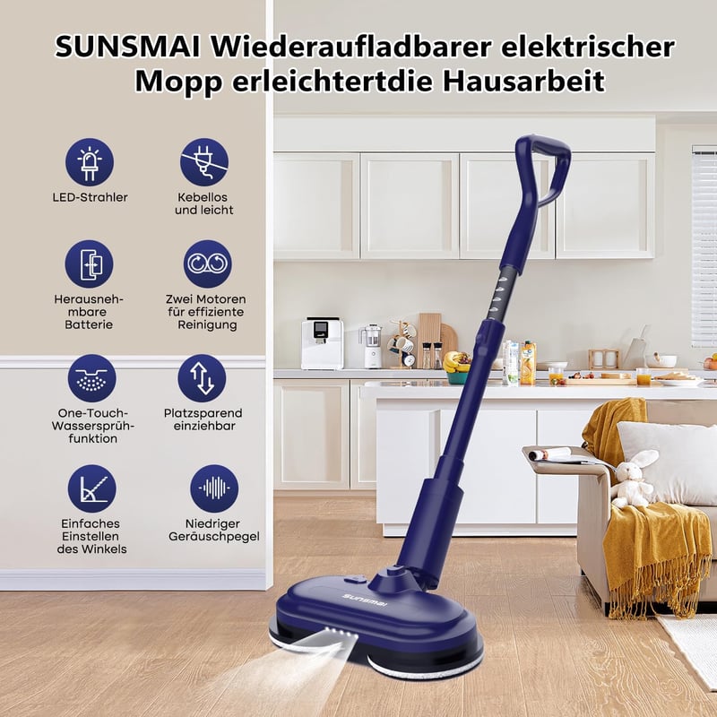 SUNSMAI Vezeték Nélküli Elektromos Felmosó LED Világítással, Permetező Funkcióval, 300ml Víztartállyal, Kivehető Akkumulátorral, Dupla Forgó
