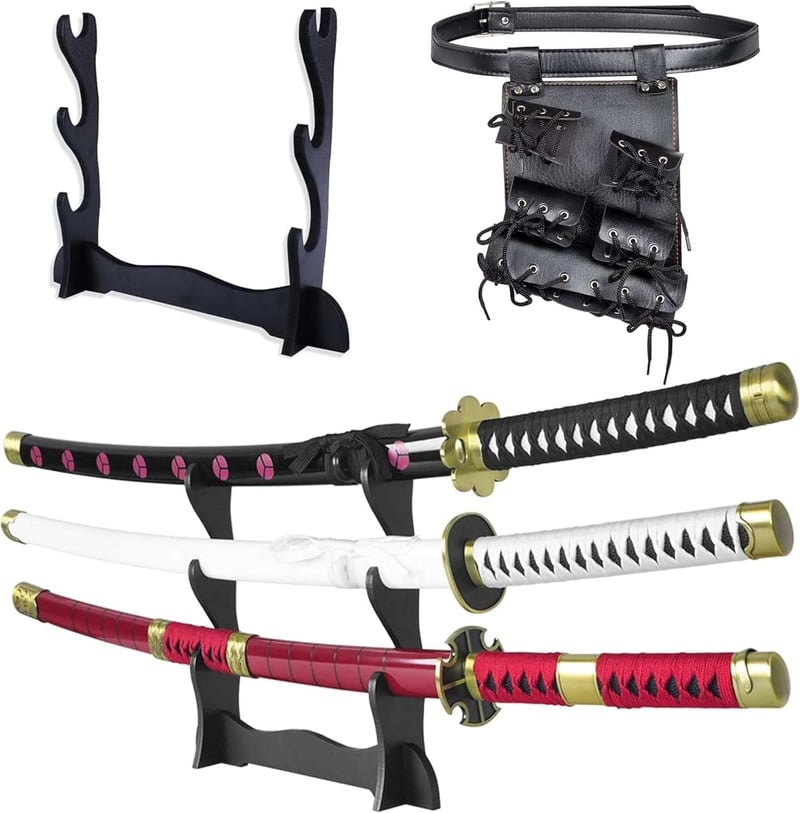 57 SPECIAL REPLICAS Roronoa Zoro Anime Katana Szett - One Piece Cosplay Bambusz Kard 105 cm, 3 db Katana Állvánnyal, Biztonságos Dekoráció