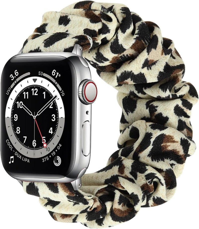 Apple Watch szíj - Fekete leopárd mintás, elasztikus, S méret (Ultra/1-7/SE)