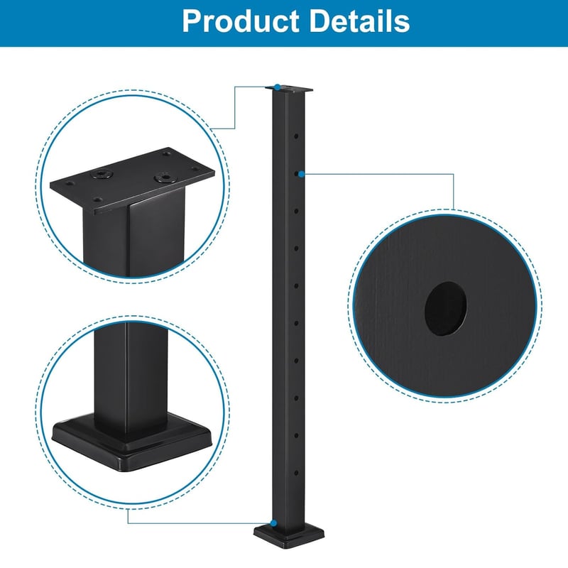 sourcing map 304 Balustru din oțel inoxidabil pentru balustradă punte, negru mat, 91.44 x 5.08 x 5.08 cm, cu 10 găuri pre-forate, pentru punte din lemn