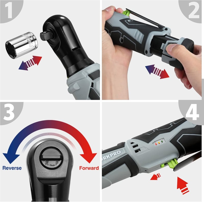 WORKPRO Elektromos Racsnis Kulcs Készlet, 12V, 55 Nm, 3/8" Méretű, LED Világítással, 2.0 Ah Akkumulátorral, 9 Dugókulccsal és Táskával